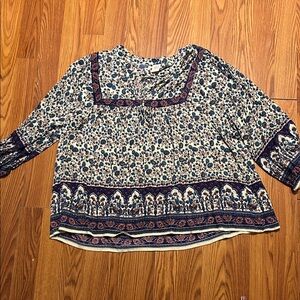 Bila Navy & Cream Floral Border Peasant Blouse